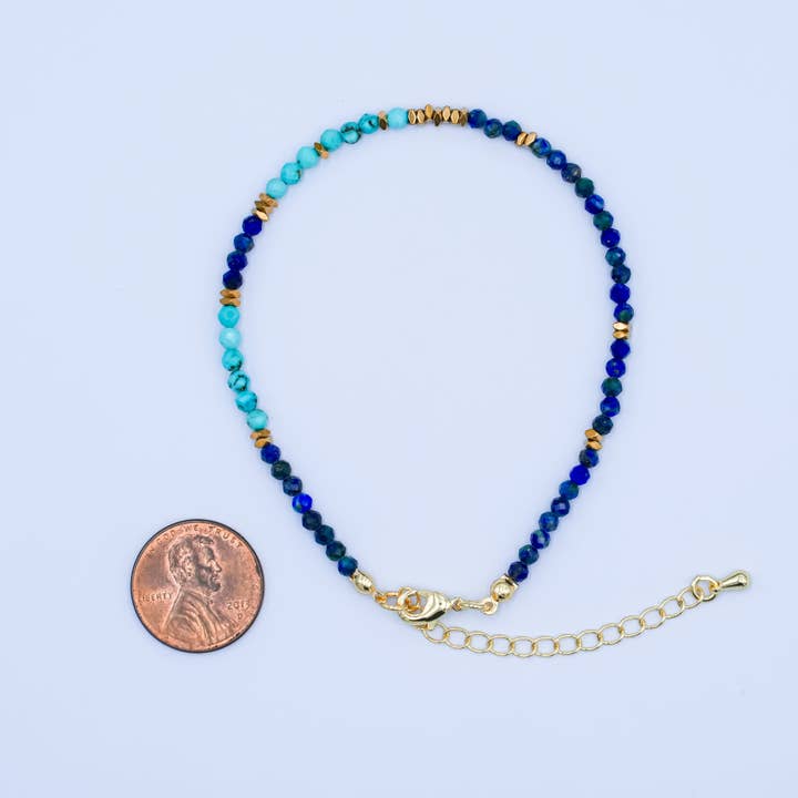 Aim Eternal - Wholesale Beaded Bracelet - 24K Gold Filled Lapis Lazuli Turquoise Gemstone 7.5 Inch Bracelet | WA-28842