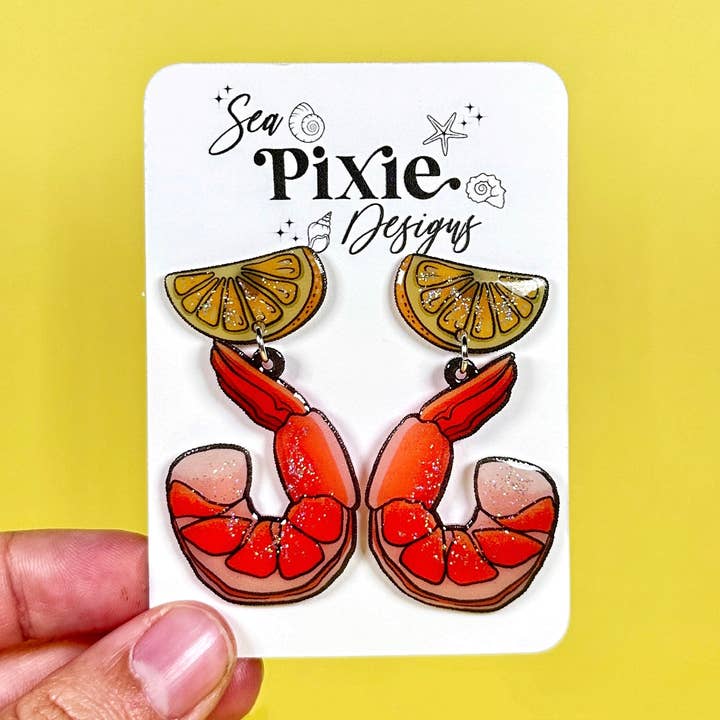 Pendientes colgantes de cóctel de gambas y brillo de limón para venta al por mayor de Sea Pixie Designs