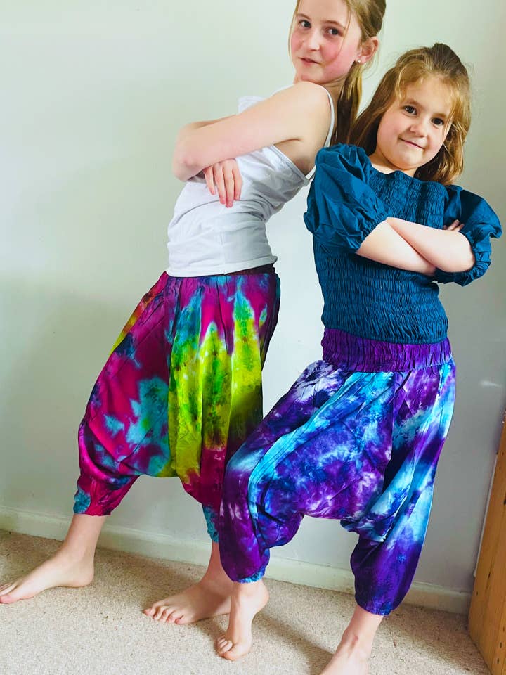 Children's Tie Dye Drop Crotch Harem Trousers for wholesale by Emma's Emporium
