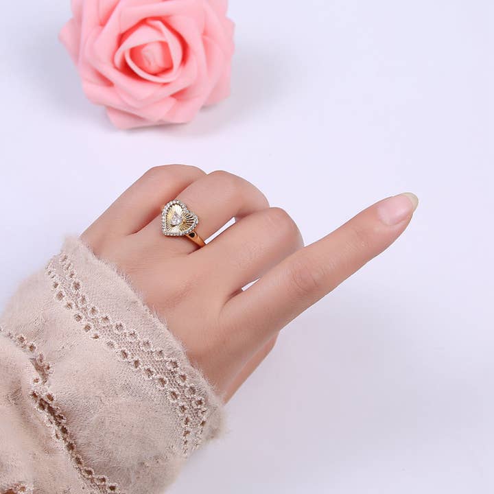 Aim Eternal - Vendita all'ingrosso Anelli con pietra singola/solitario - Anello a forma di cuore Sunburst? €? Anello unico laminato in oro 14 carati? €? Anello di San Valentino? €? Regalo per lei? €? Gioielli minimalisti in oro per San Valentino R-320