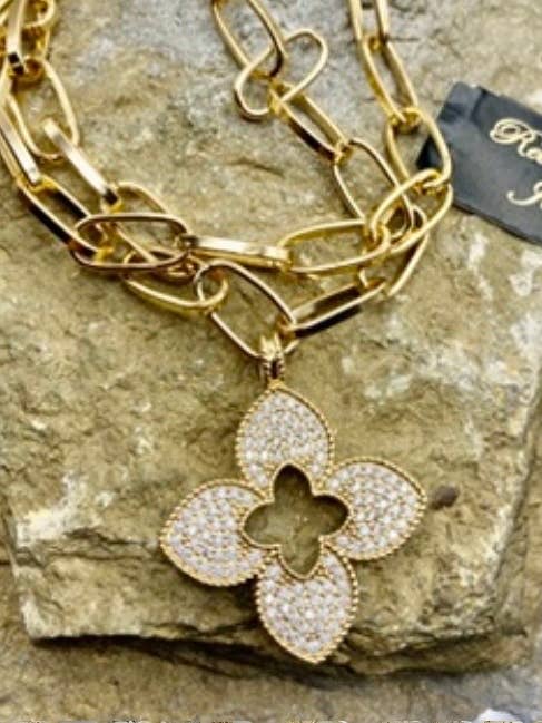 Chunky Crystal Gold Clover Statement Charm Necklace for wholesale by Rebecca Ray Jewelry