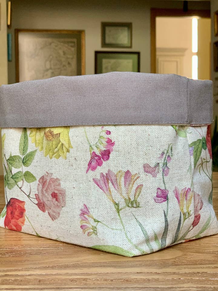 Fabric basket, bread basket h=20cm, Linen-Cotton Mix, Printe for wholesale by Hortensias Home