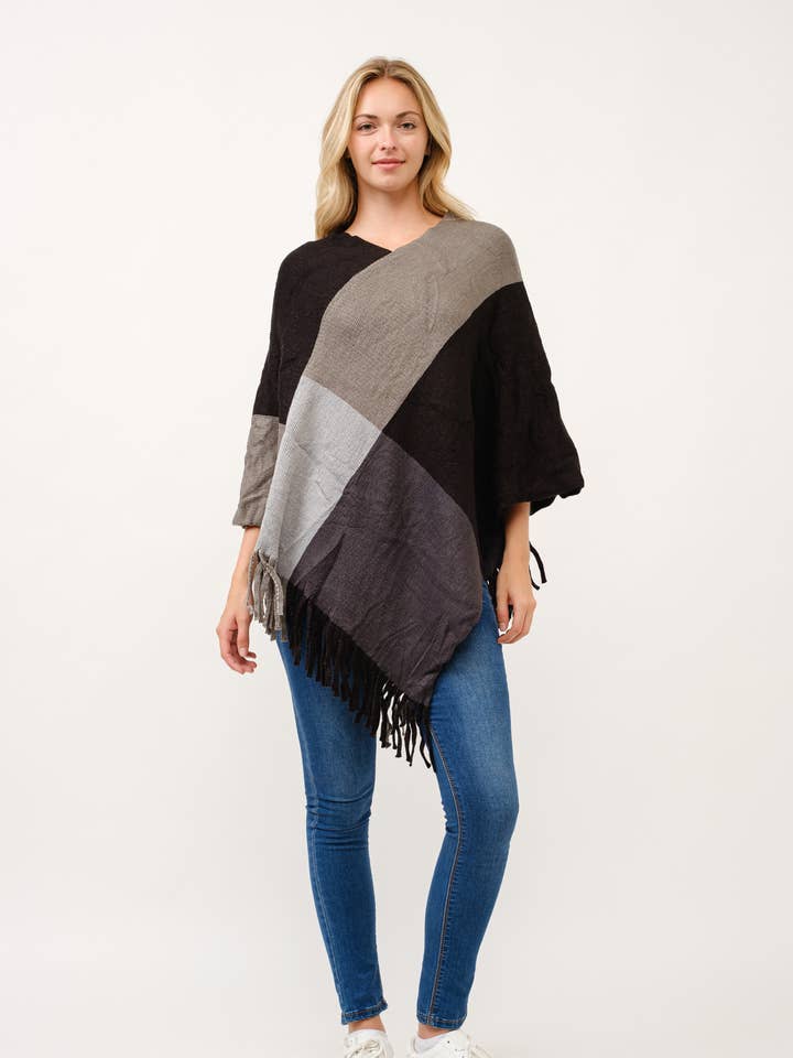 Stacey Knit Colorblock Bottom Tassels Poncho for wholesale by Raj Trading & Imports (USA) Inc.