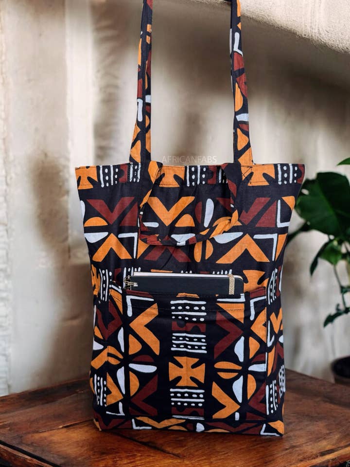 Shopper bag with African print - Brown Cross Bogolan - Reusable Cotton Tote Bag for wholesale by AfricanFabs