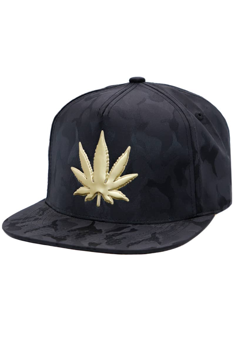 Cap Zone - Wholesale Flat Brim Cap - Men's - Gold Marijuana Leaf Embossed Camo Polyester Fabric Snapback0