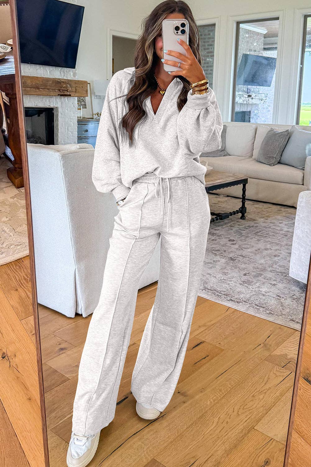 Lovesoft - Wholesale Lounge Set - Women's - Light Grey Polo Collar V Neck Pullover and Drawstring Sweatpants Set1
