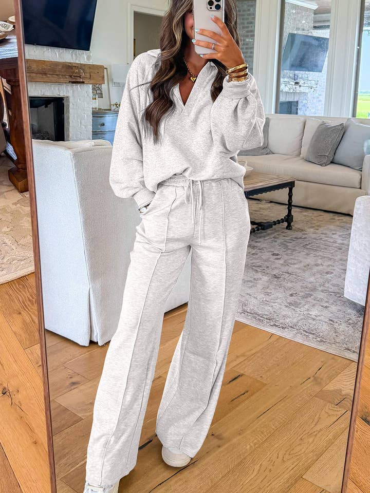 Lovesoft - Wholesale Lounge Set - Women's - Light Grey Polo Collar V Neck Pullover and Drawstring Sweatpants Set1
