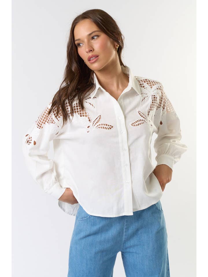 White ILT5298 Embroidered Cut Out Button Down Shirt for wholesale on Faire