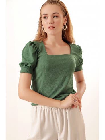 Mani Textile - Wholesale Blouse - Women's - Square neck blouse - Green3