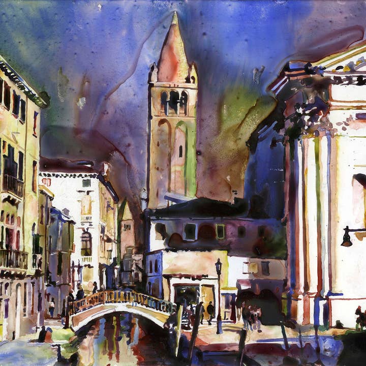 Peinture représentant une église et une scène de rue à Venise, en Italie. Peinture à l'aquarelle de Venise beaux-arts Italie Peinture à l'aquarelle Église de Venise œuvre d'art (impression) pour la vente par Ryan Fox Fine Art