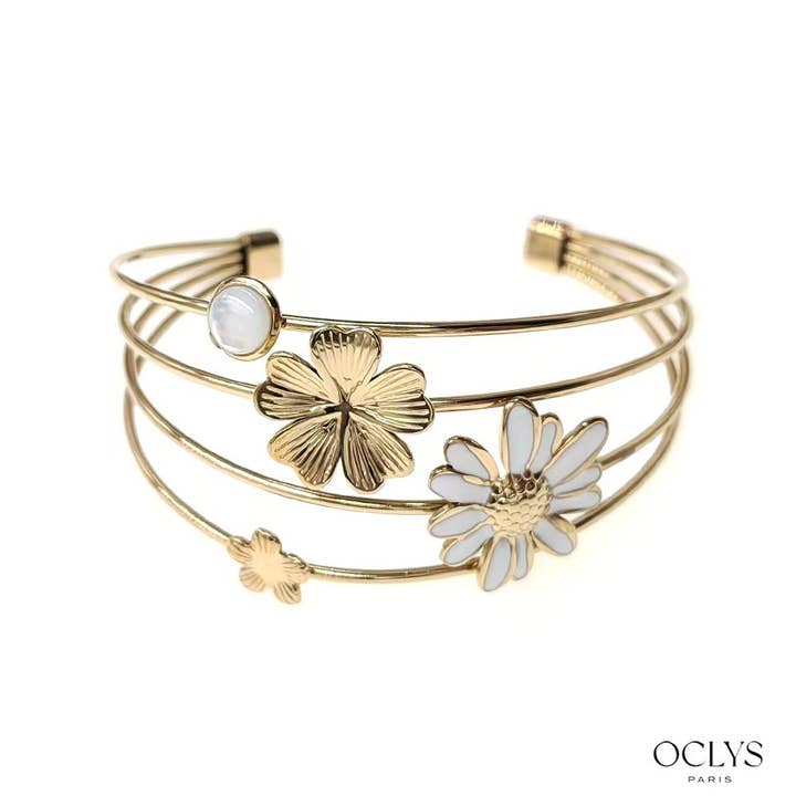 Oclys - Wholesale Cuff Bracelet - Fina gold stainless steel floral cuff bracelet