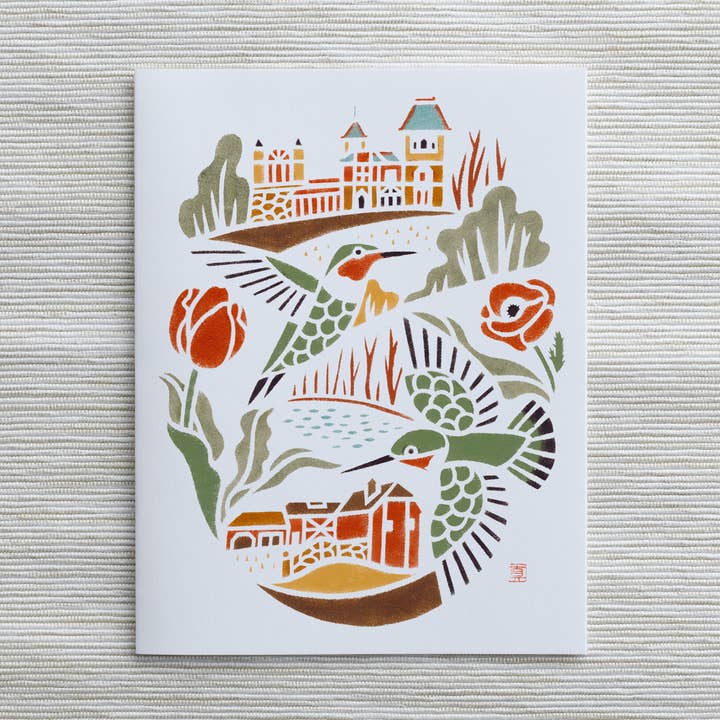 A2 Card: Ruby-throated Hummingbirds at Olana for wholesale by Mayuko Fujino Bird & Nature Art