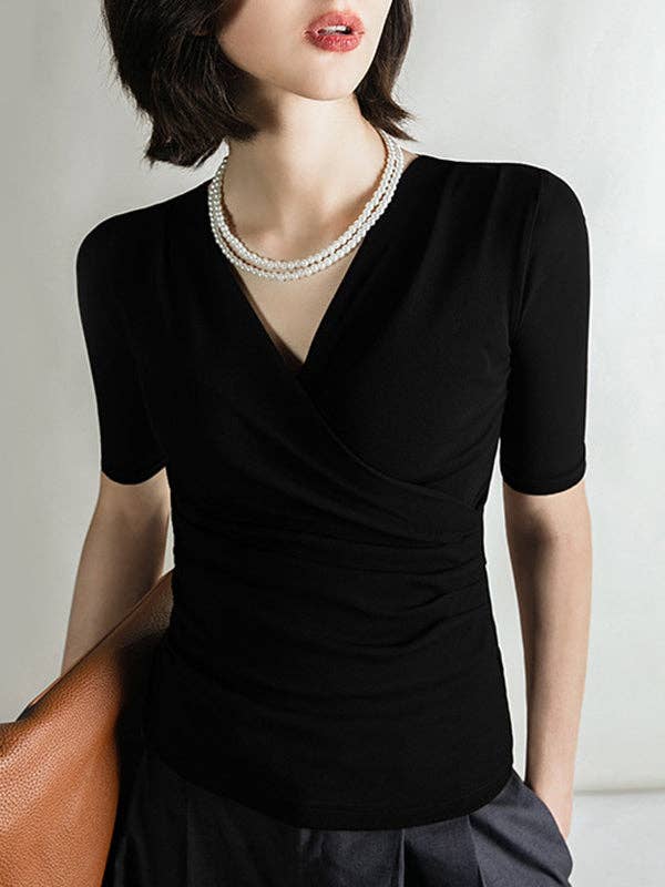 Mirazshoes WholeSale - Wholesale Blouse - Women's - Half Sleeves Skinny Pleated Solid Color V-Neck T-Shirts Tops9