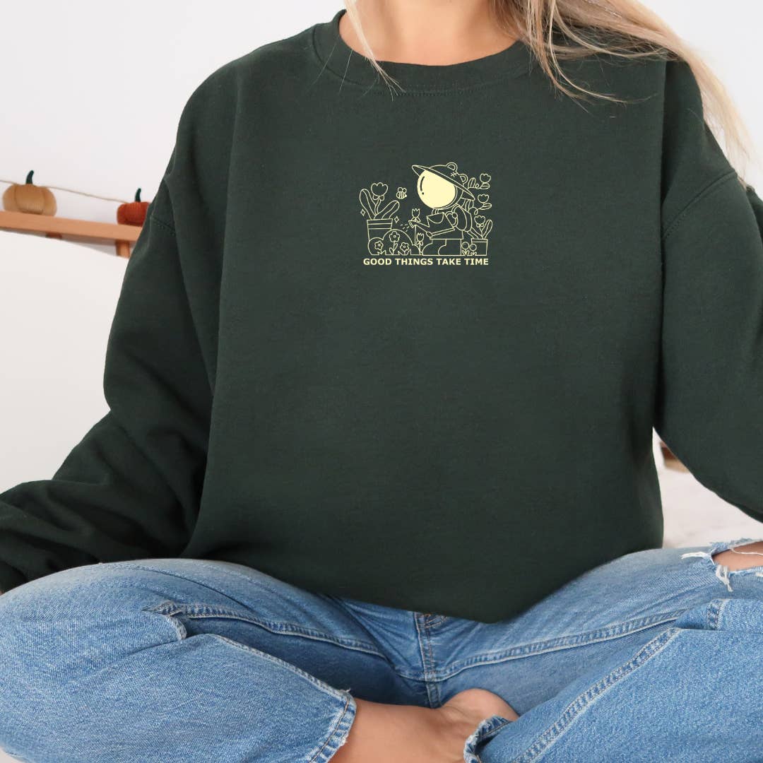 FOREST GREEN Good Things Take Time – Plant Lover Embroidered Sweatshirt for wholesale on Faire