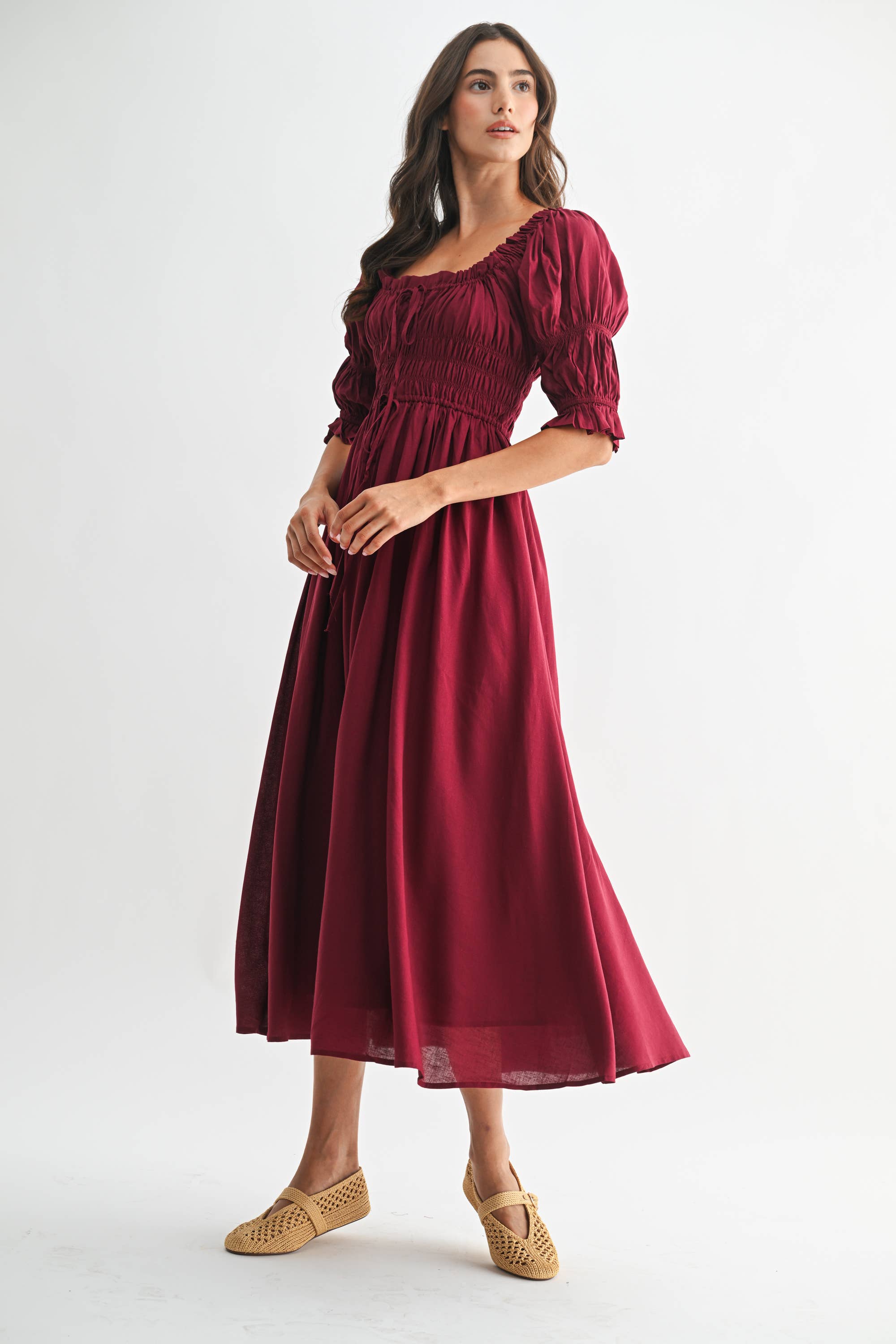 Camellia - Vente Robe – femme - ROBE MIDI ÉPAULES DÉNUDÉES SMOCKÉE AVEC JUPE PLISSÉE17
