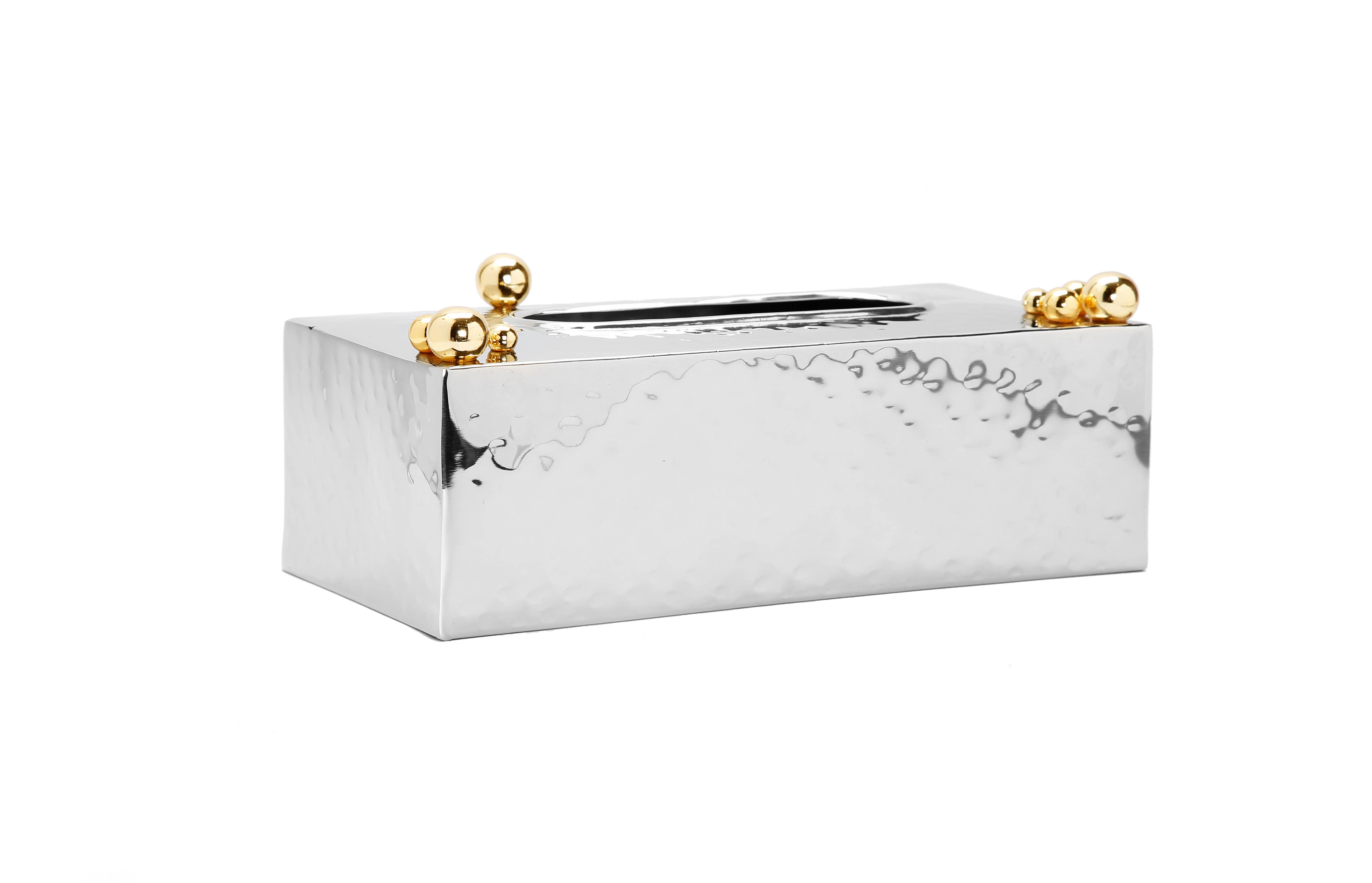 CLASSIC TOUCH DECOR INC. - Wholesale Tissue Box - Hammered Stainless Steel Tissue Box Gold Ball design on Top1