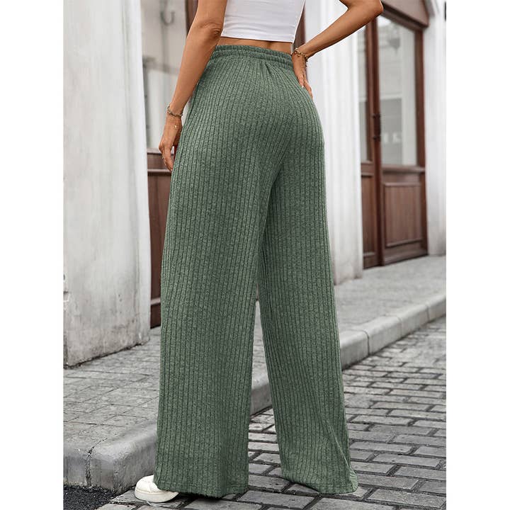 UNISHE - Wholesale Pants - Women's - Solid Drawstring Ribbed Brushed Elastic Waist Pants HLL28314