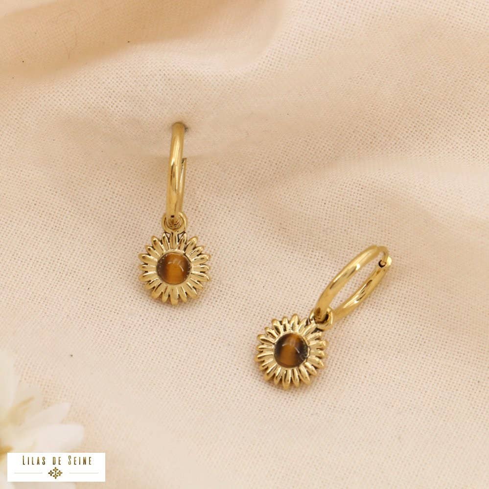 Lilas de Seine - Wholesale Hoop Earrings - Mini Creoles Steel Flower Pendants Mother-of-Pearl Stone 03250131