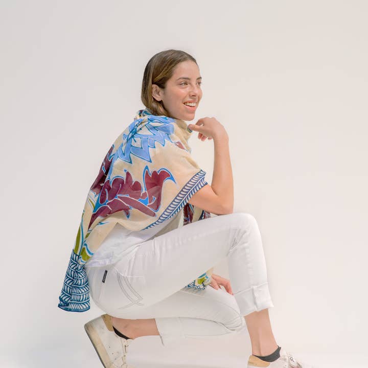 Shoo for Good - Wholesale Scarf - Women's - Insect-Repellent Scarf — Dahlia with Blue Border BACK IN STOCK