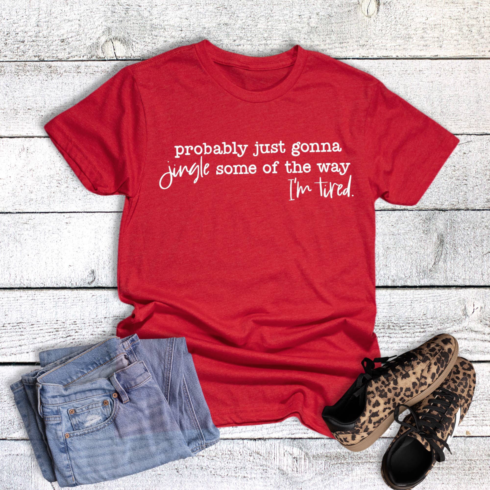 Heather Red Christmas Jingle Some I'm Tired Graphic Tee for wholesale on Faire0