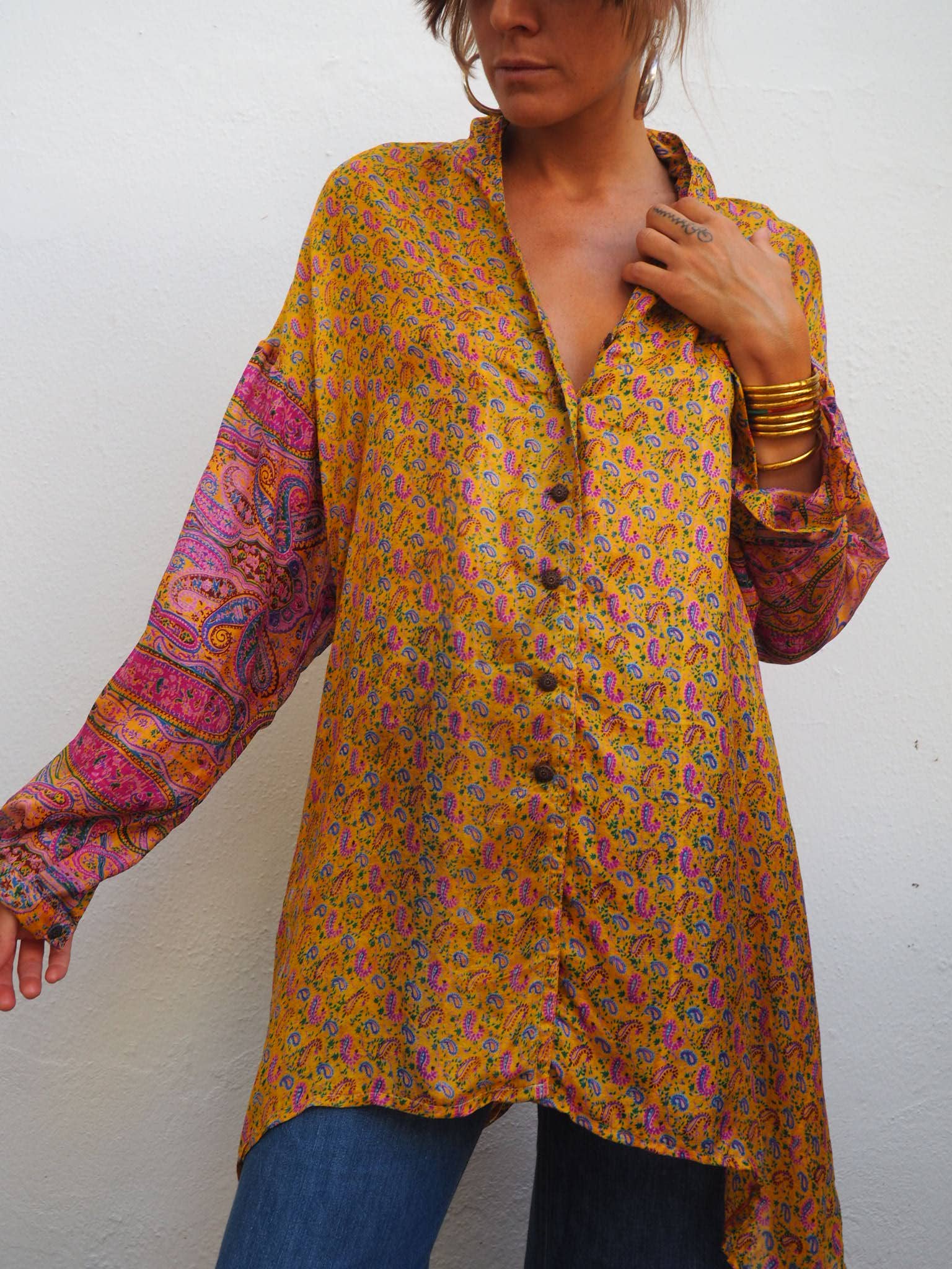 Vagabond Ibiza - Wholesale Button Down Shirt - Women's - The Lucy Long Floaty Shirt Re-cycled sari fabric5