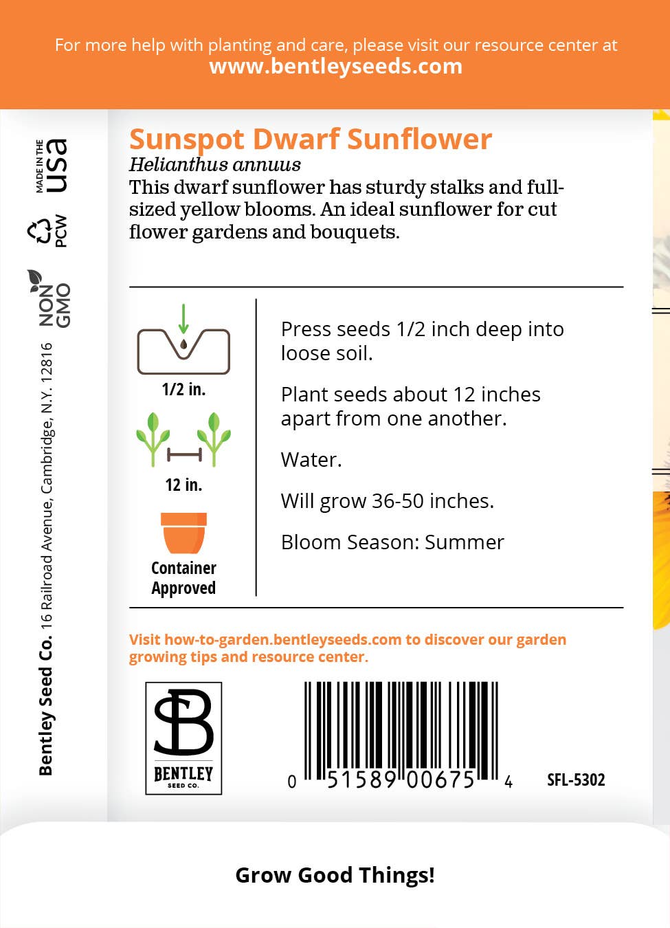 Bentley Seed Co. - Vente Graines de plantes - Sachets de graines de tournesol, de taches solaires et de nains1