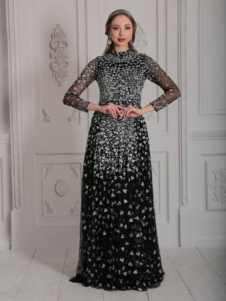 Vestido de noche negro con lentejuelas Amira para venta al por mayor de Gatsbylady London