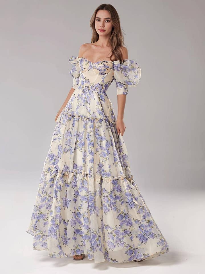 Floral Off-the-Shoulder Tiered Ruffle Maxi Dress for wholesale by BELLISSIMA FASHION