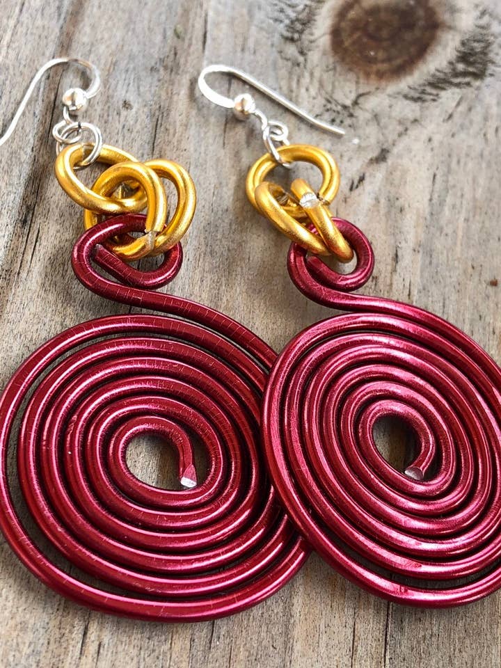 Dark Red and Gold Round Disk Aluminum Wire Earrings with sterling silver ear wire for wholesale by Jewelry With Me