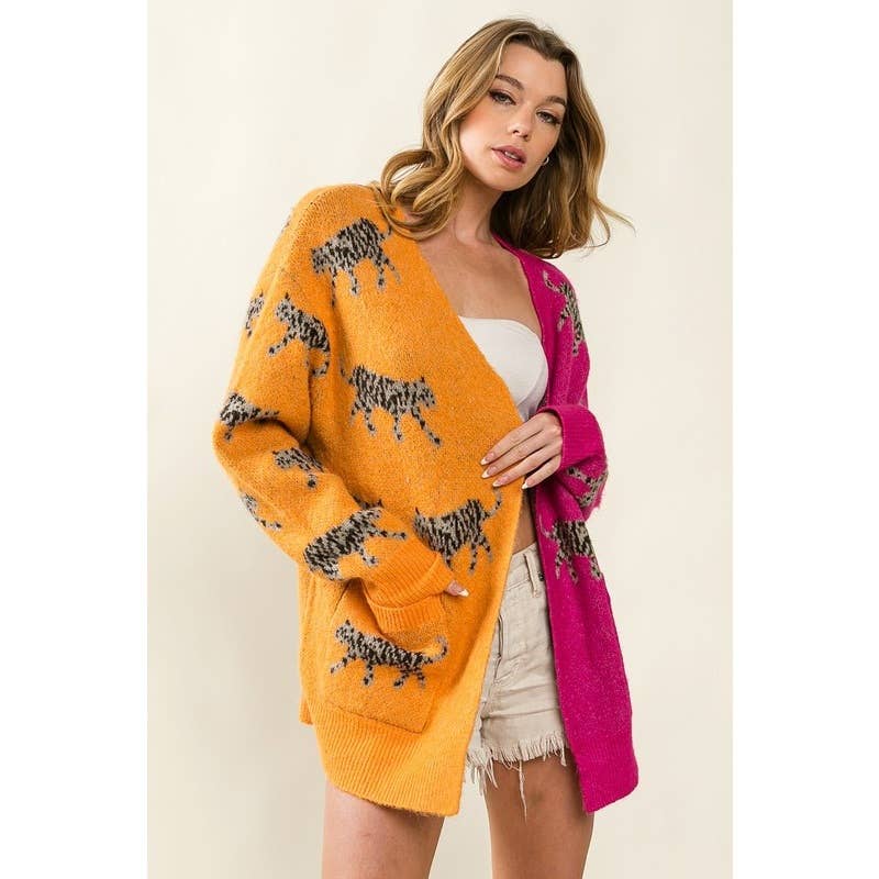 IVE - Vente Cardigan – femme - CARDIGAN À COL EN V À MOTIF TIGRE ET POCHES PLAQUÉES3