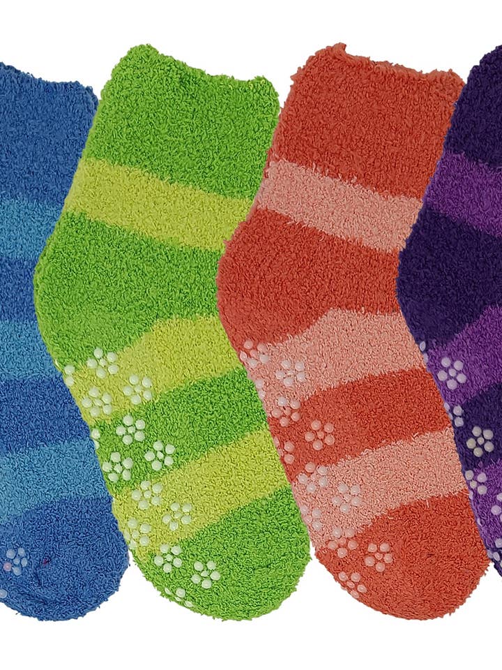 Non-Skid Slipper Socks | Cozy Fuzzy Bright Stripes | Kids (6 Pairs) for wholesale by Different Touch