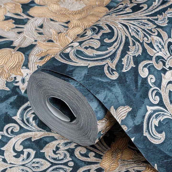 Modern Embossed Flowered TealCream Flowered Wallpaper, Home Wall Decor, Aesthetic Wallpaper, Textured Wallcovering Non-Adhesive and Non-Peel for wholesale by Walloro Luxury Embossed Wallpaper