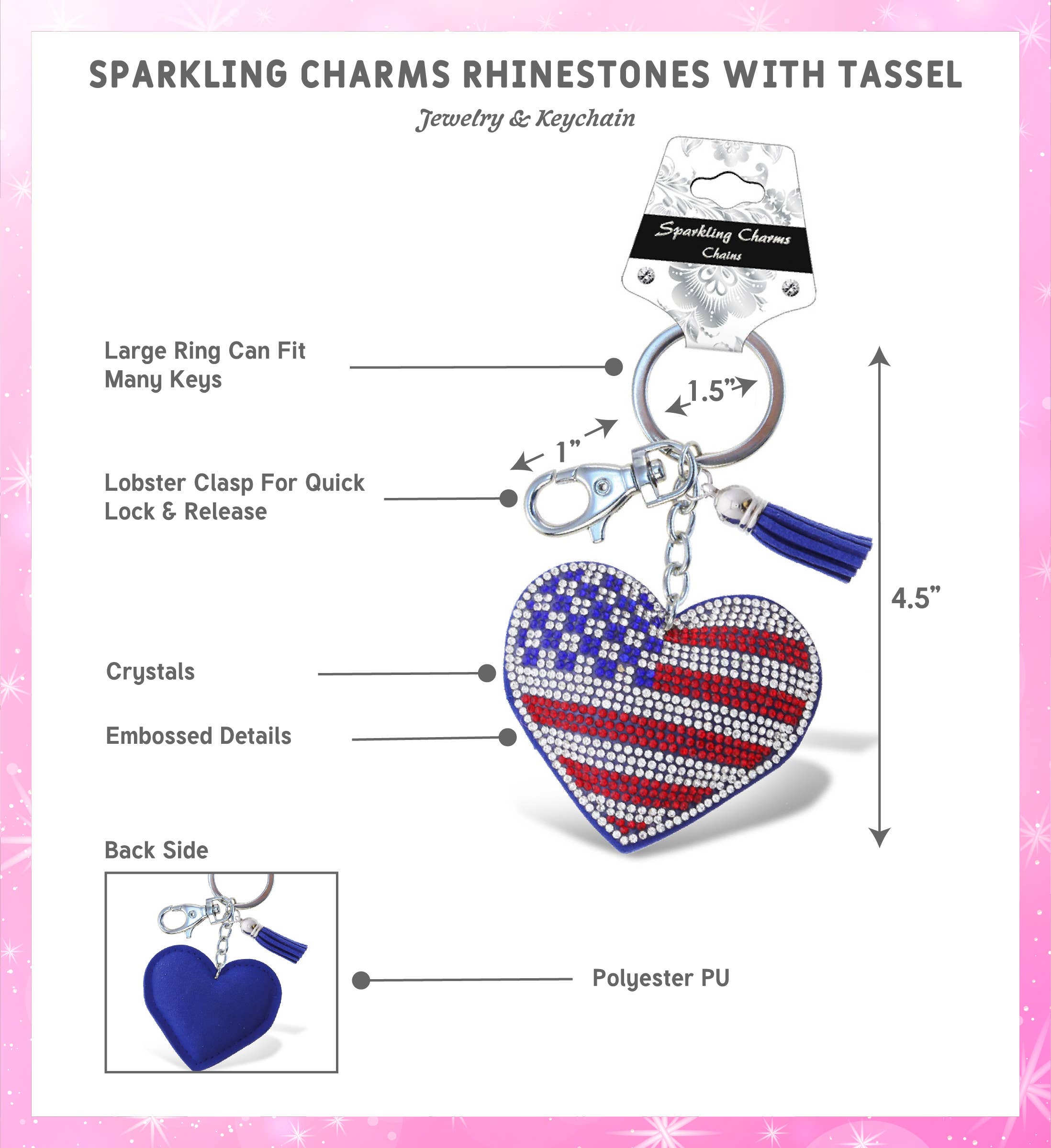 Cota Global - Wholesale Keychain - Unisex - Sparkling Rhinestones Charm With Tassel - Usa Flag Heart1