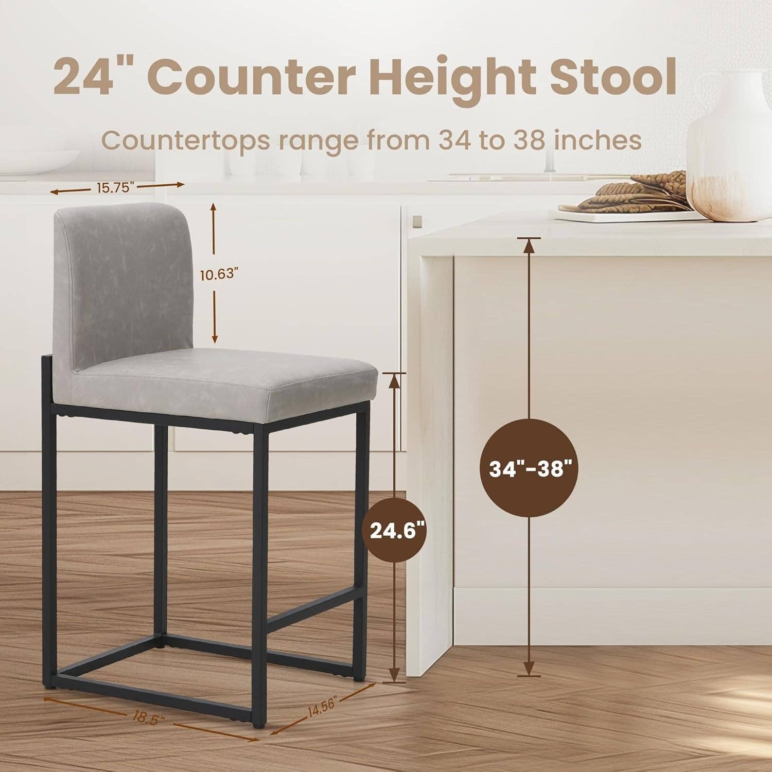 Light Grey Set Of 4 Counter Height Bar Stools PU Leather With Back for wholesale on Faire1
