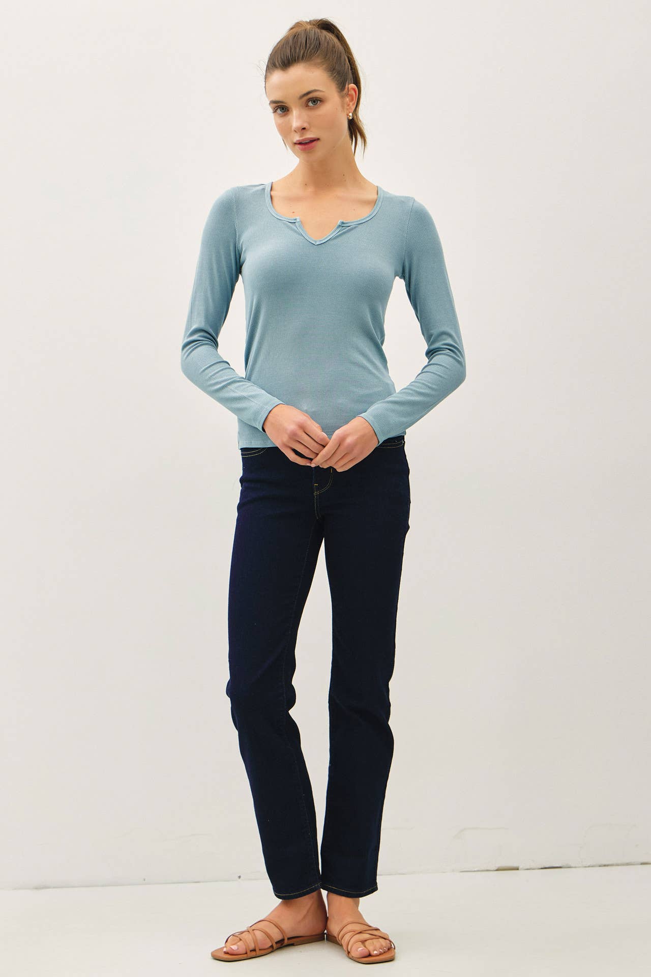 Be Cool - Wholesale Knit Top - Women's -  RIBBED NOTCHED NECK LONGSLEEVE BASIC TOP 5