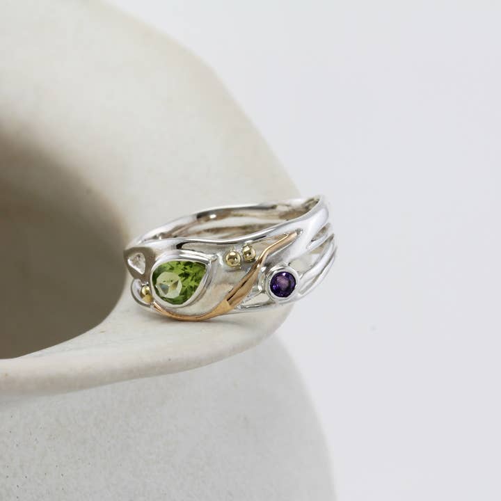 Banyan Jewellery - Vente Bague avec plusieurs pierres - Bague en argent sterling avec péridot et améthyste faite à la main2
