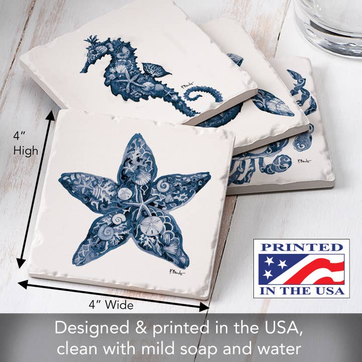 CounterArt/Highland Home/Thirstystone - Vente Sous-verre - Lot de 4 sous-verres à carreaux Nassau Sea Life avec images assorties1