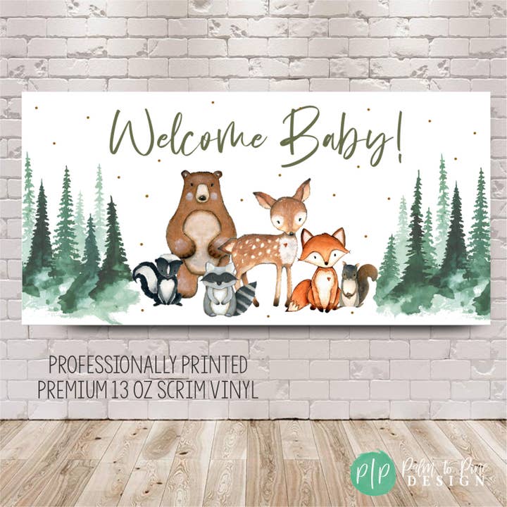 Woodland Welcome Baby Shower Banner, Printed on Vinyl for wholesale by Palm to Pine Design