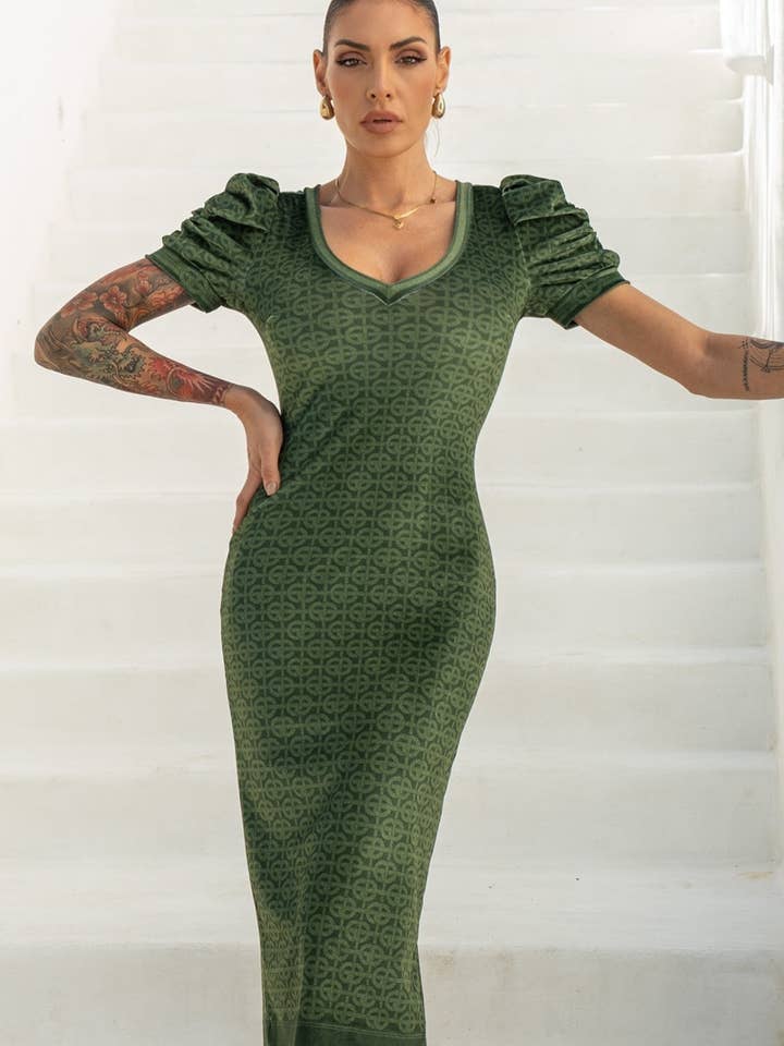 Fashion Roots - Wholesale Dress – Women's - VELVET DRESS WITH PUFF SLEEVES - EMERALD GREEN LOGO9