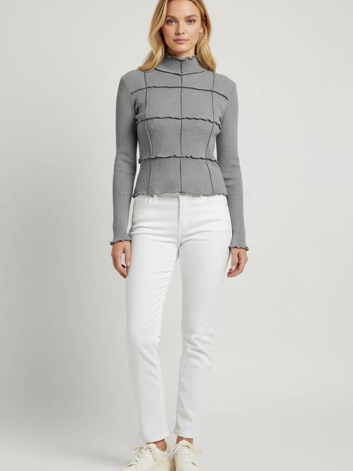 C12876A Gerippter Rollkragenpullover mit modernem Saum für den Großhandel von Camellia