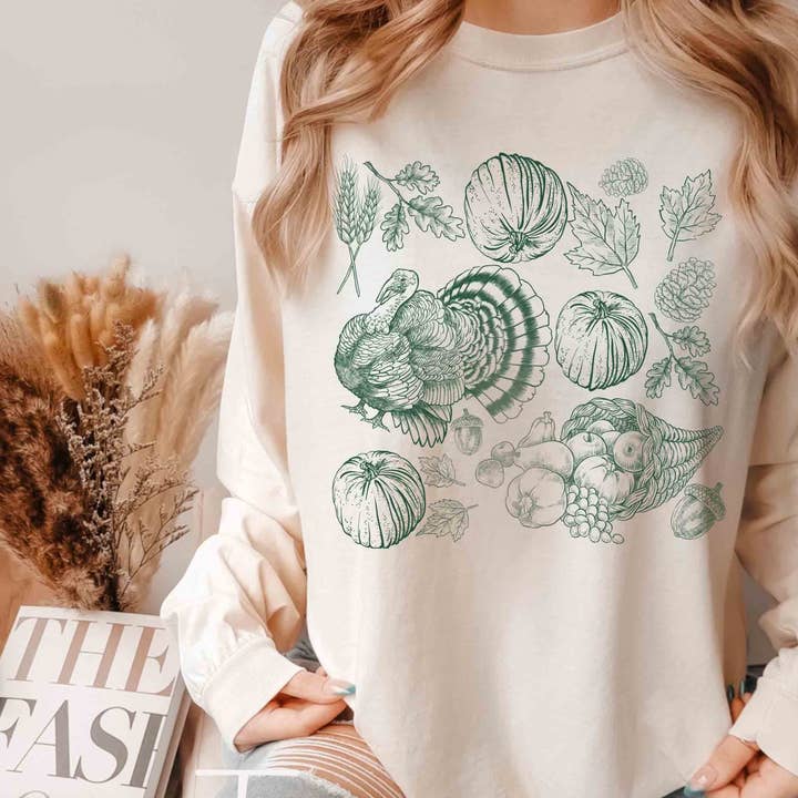 Vintage Turkey Illustration Shirt, Fall Botanical Sweater for wholesale by NVC Ecommerce LLC