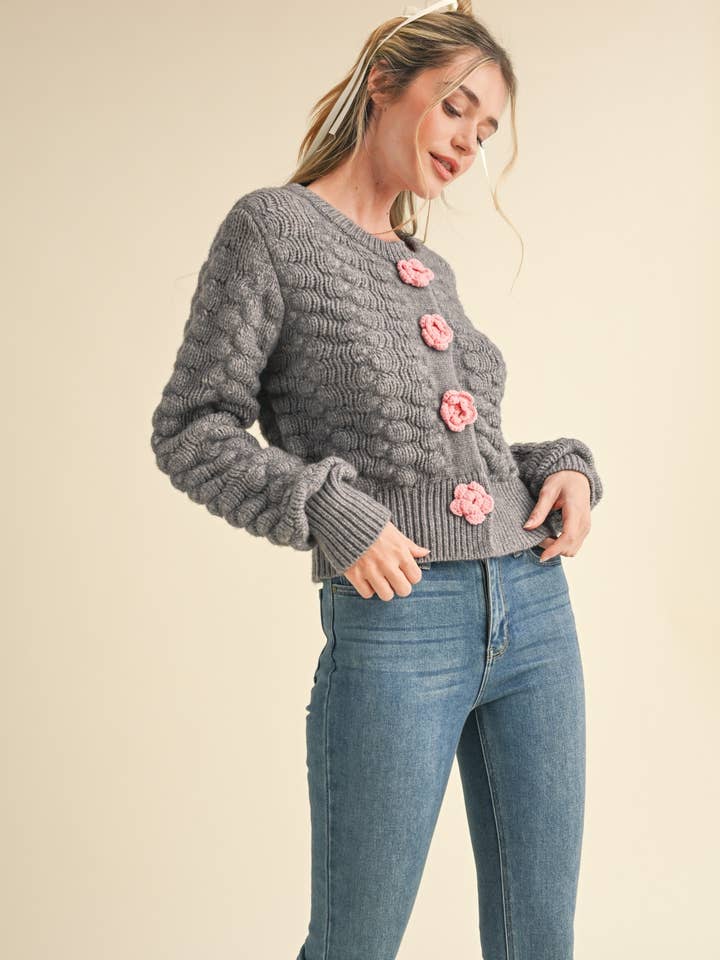 &MERCI - Wholesale Cardigan - Women's - TEXTURED SWEATER CARDIGAN WITH KNIT ROSETTE DETAIL MSW1073524