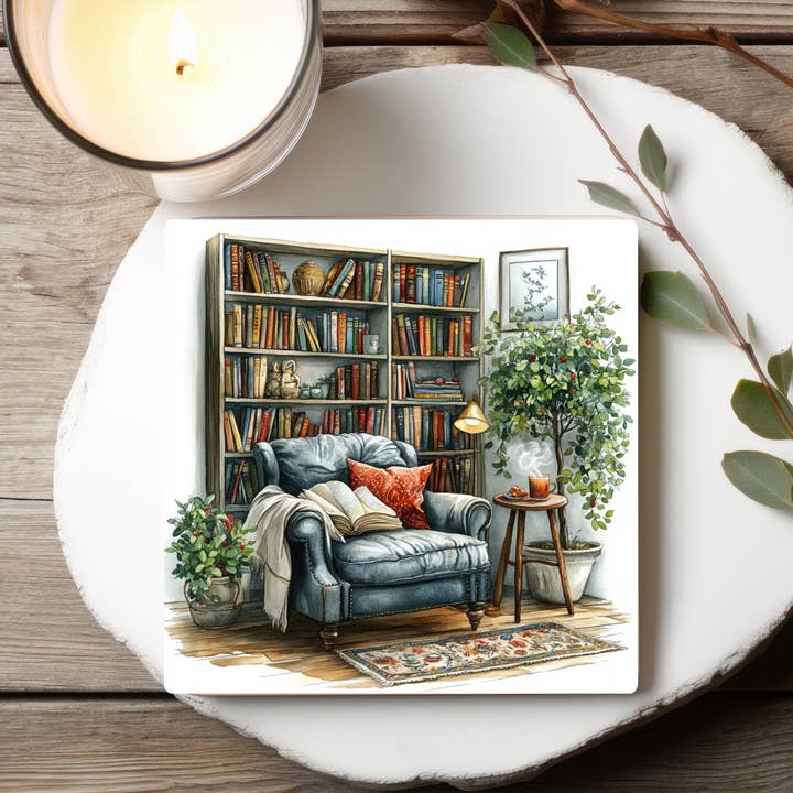 Sous-verre carré en céramique "Coin Lecture / Amoureux des Livres" pour la vente par Fernville Creations