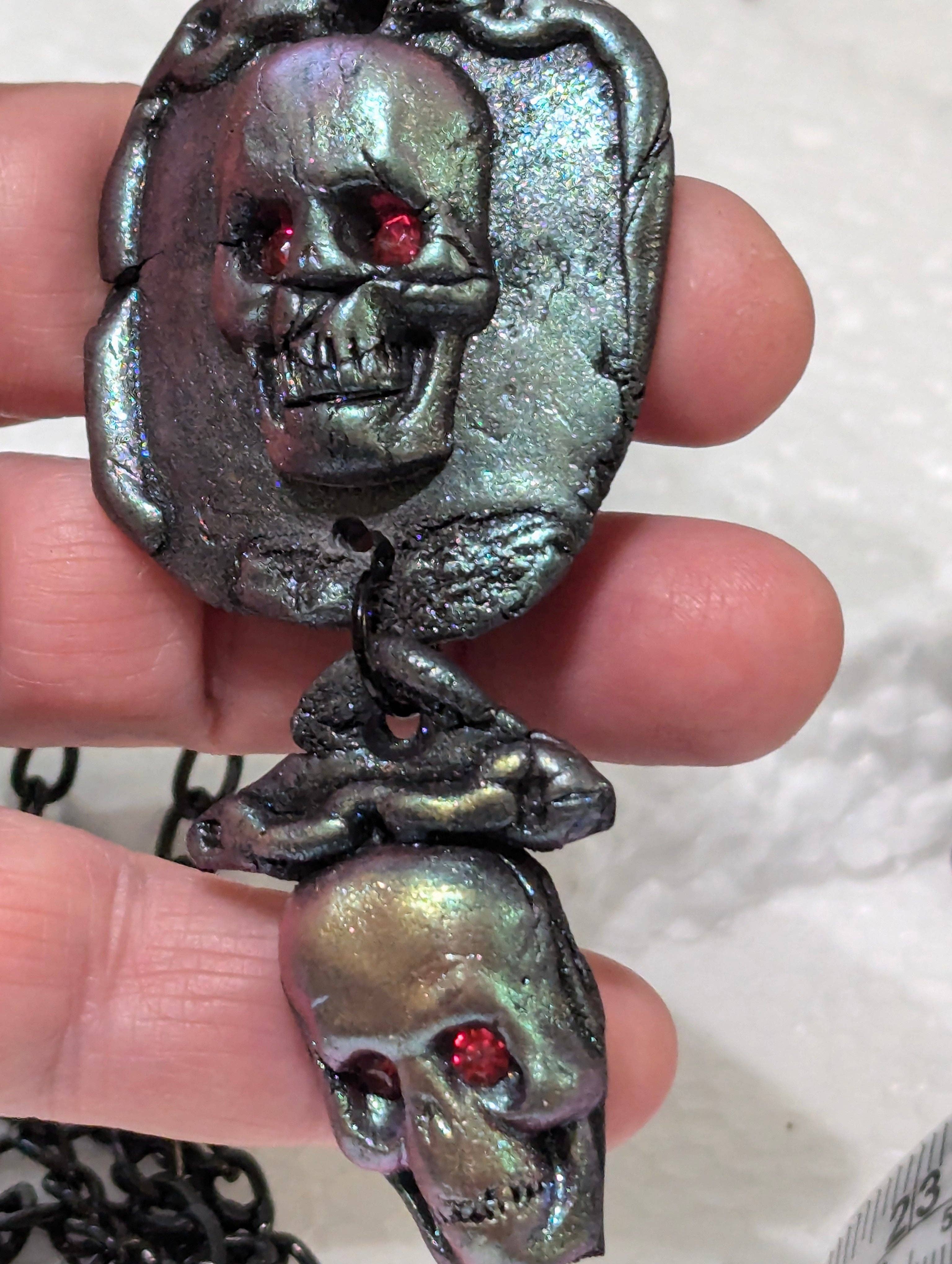 Gay Isber Designs - Wholesale Pendant/Charm Necklace - Spooky Skull Necklace Handmade Halloween Jewelry by Sugar Gay Isber – One-of-a-Kind, Ready to Ship! 22 inch black chain Unisex2