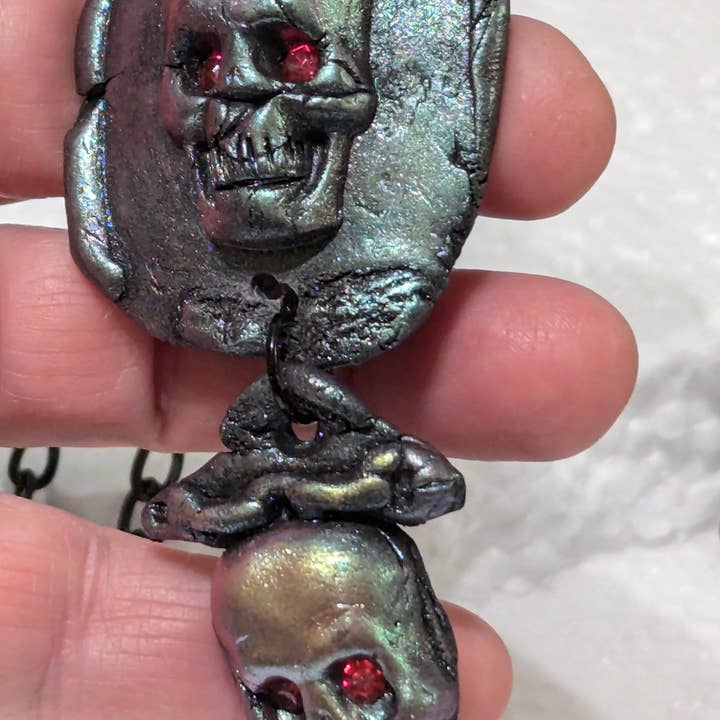 Gay Isber Designs - Wholesale Pendant/Charm Necklace - Spooky Skull Necklace Handmade Halloween Jewelry by Sugar Gay Isber – One-of-a-Kind, Ready to Ship! 22 inch black chain Unisex2