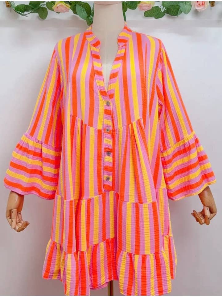 LOOWIE - Wholesale Dress - Women's - SVO41 Orange One Size Italian Striped Short Printed Dress