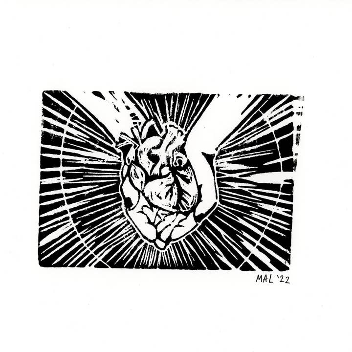 Hand In Heart Lino Print for wholesale by The Spooky Haus