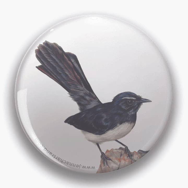 "Place To Rest" Willie Wagtail 44mm Round Magnet for wholesale by Jenna Chartrand Coloured Pencil Fine Artist