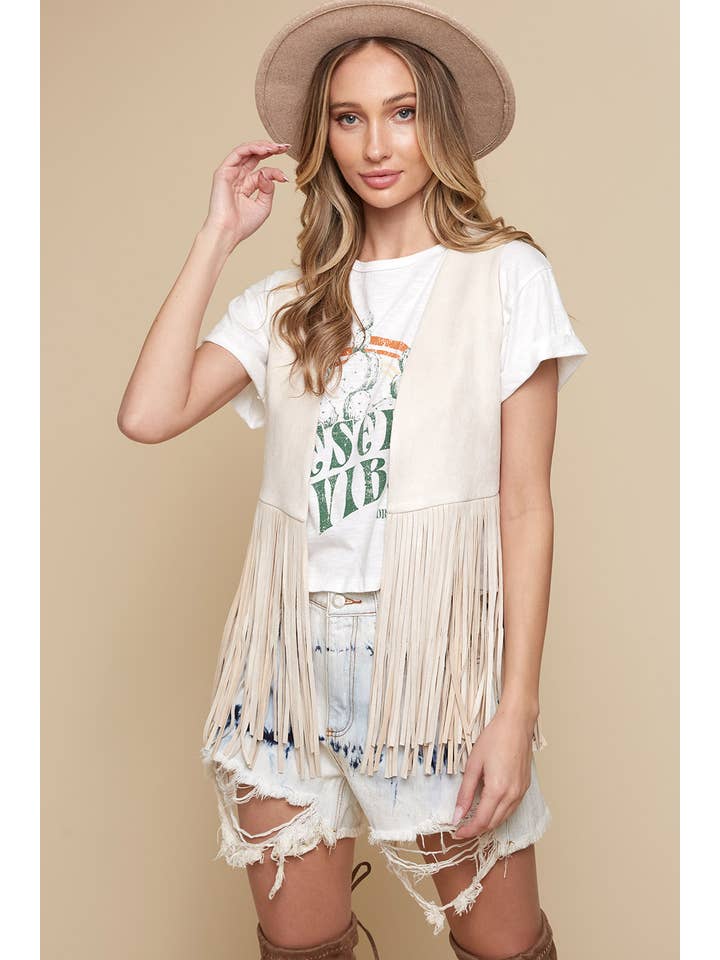 Saints & Hearts - Wholesale Outerwear Vest - Women's - SIJ5200A CREAM | WESTERN STYLE OPEN SOFT SUEDE FRINGE VEST