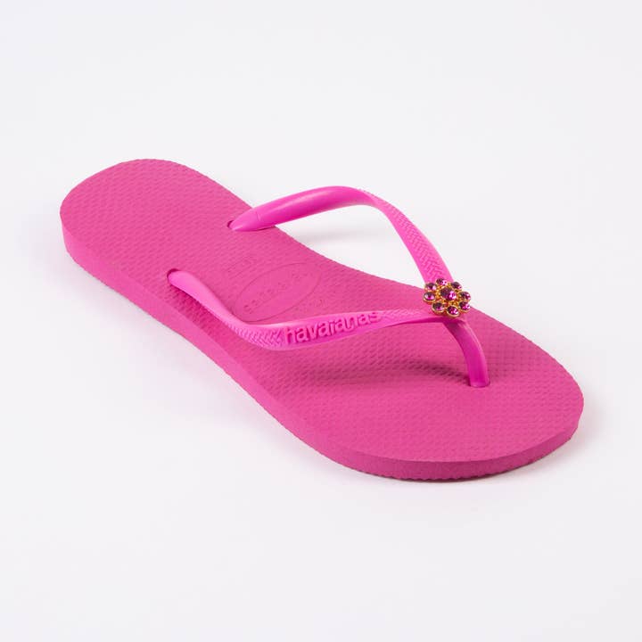 Skinny Crystal Fushia Gold for wholesale by Dini’s Jeweled Flip Flops